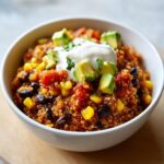 Close-up of a vibrant Easy 5 Min Lunch Bowl featuring seasoned quinoa, black beans, corn, topped with avocado, sour cream, and cilantro.