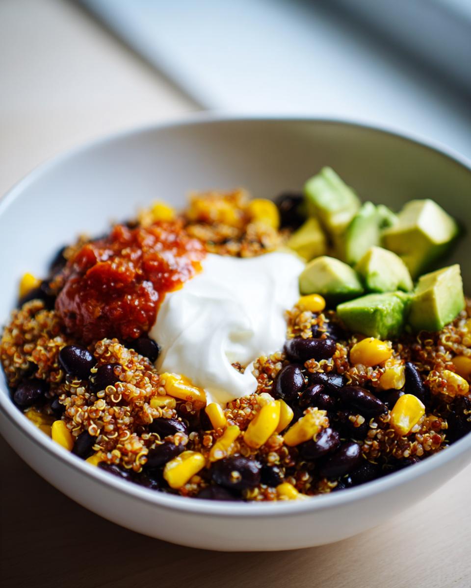 Close-up of a colorful Easy 5 Min Lunch Bowl featuring quinoa, black beans, corn, salsa, sour cream, and avocado chunks.