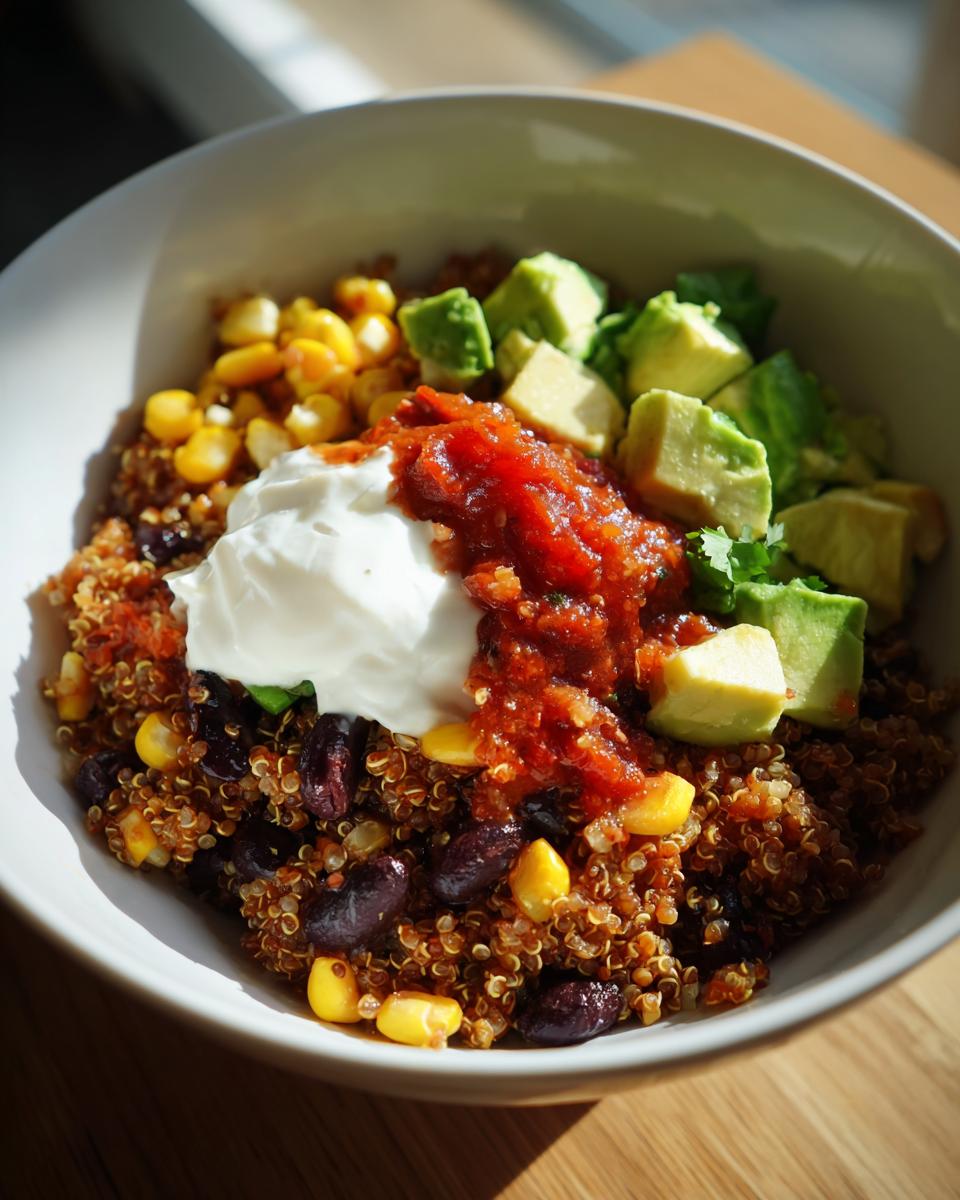 A vibrant Easy 5 Min Lunch Bowl featuring seasoned quinoa, black beans, corn, salsa, sour cream, and diced avocado.