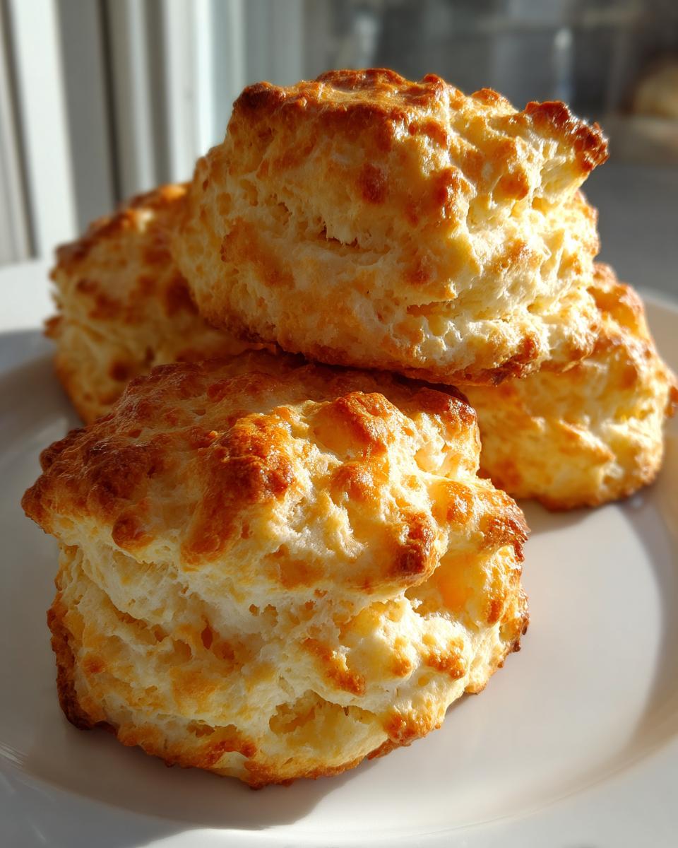 Close-up of several golden-brown Easy Baking Powder Drop Biscuits stacked on a white plate.