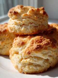 A stack of four golden-brown Easy Baking Powder Drop Biscuits sitting on a white plate near a window.