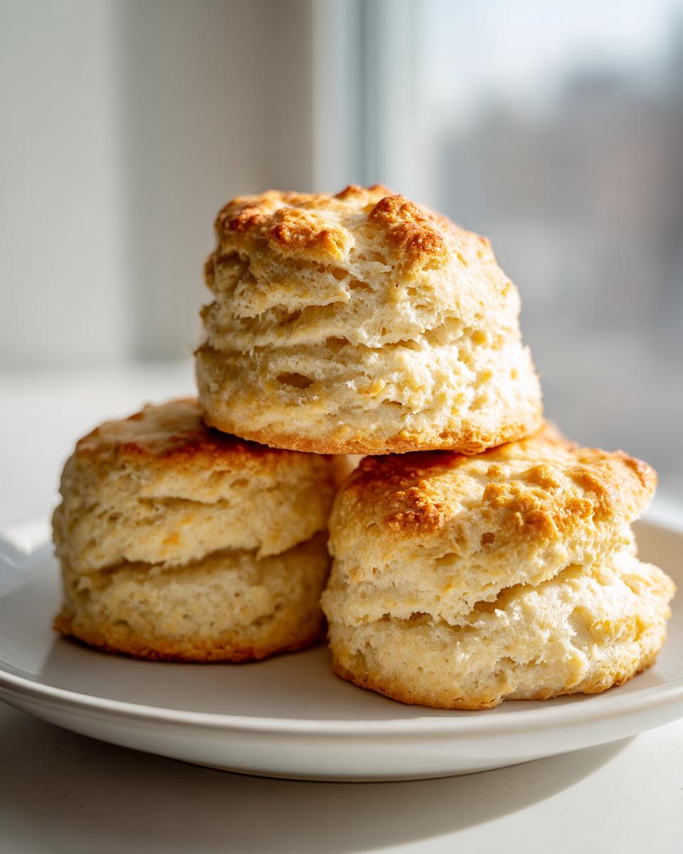 Three golden brown Easy Baking Powder Drop Biscuits stacked on a white plate near a window.