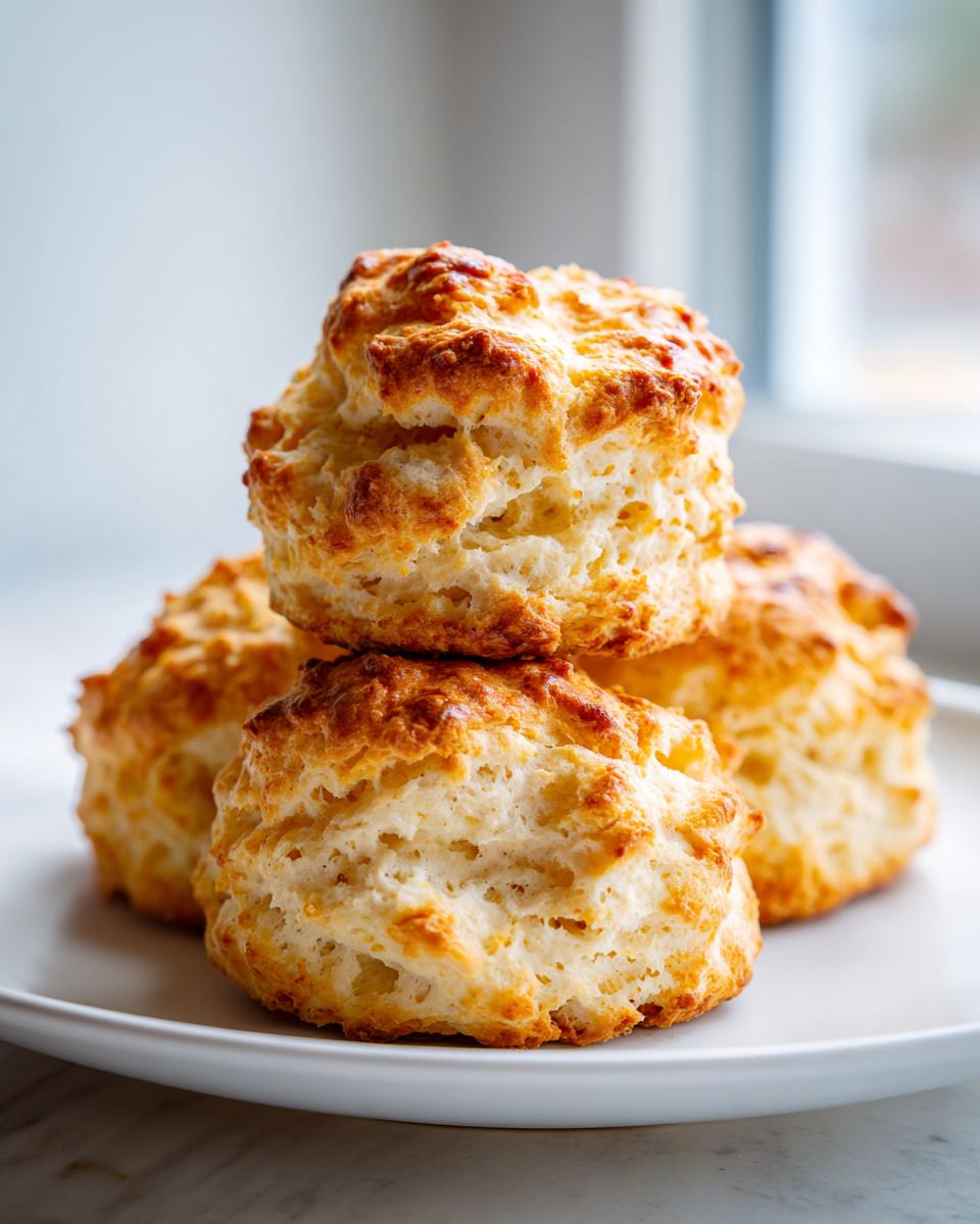 A stack of four golden brown Easy Baking Powder Drop Biscuits with flaky texture on a white plate.