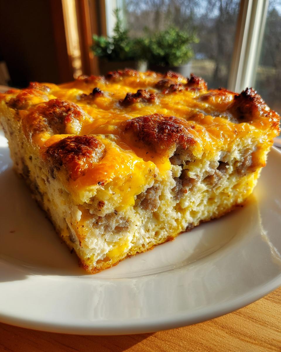 A close-up slice of Easy Breakfast Casserole featuring sausage and melted cheddar cheese topping.