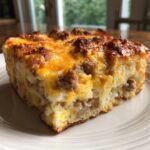 Close-up of a square slice of Easy Breakfast Casserole featuring sausage crumbles and melted cheddar cheese topping.