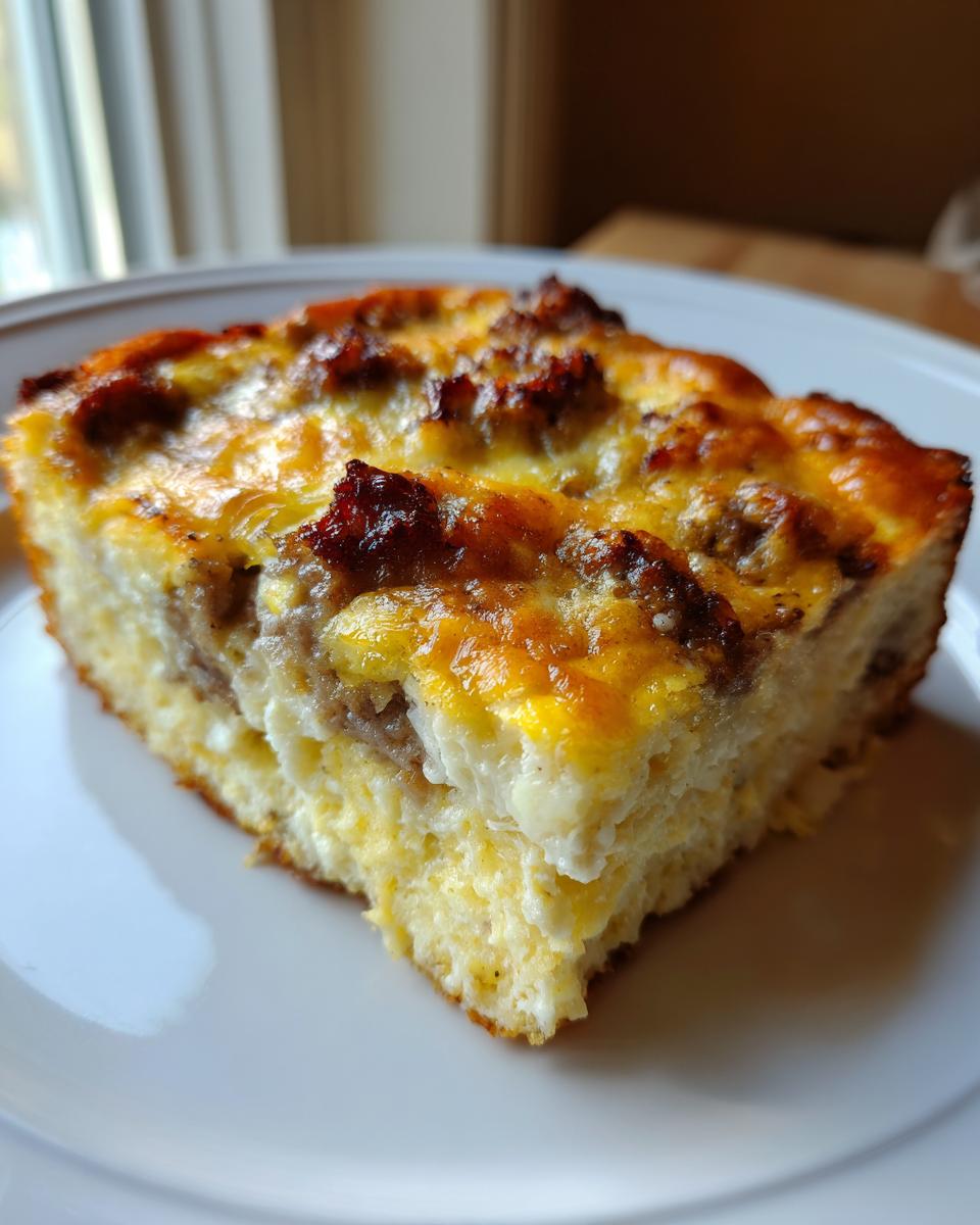 A close-up of a square slice of Easy Breakfast Casserole topped with melted cheese and sausage.