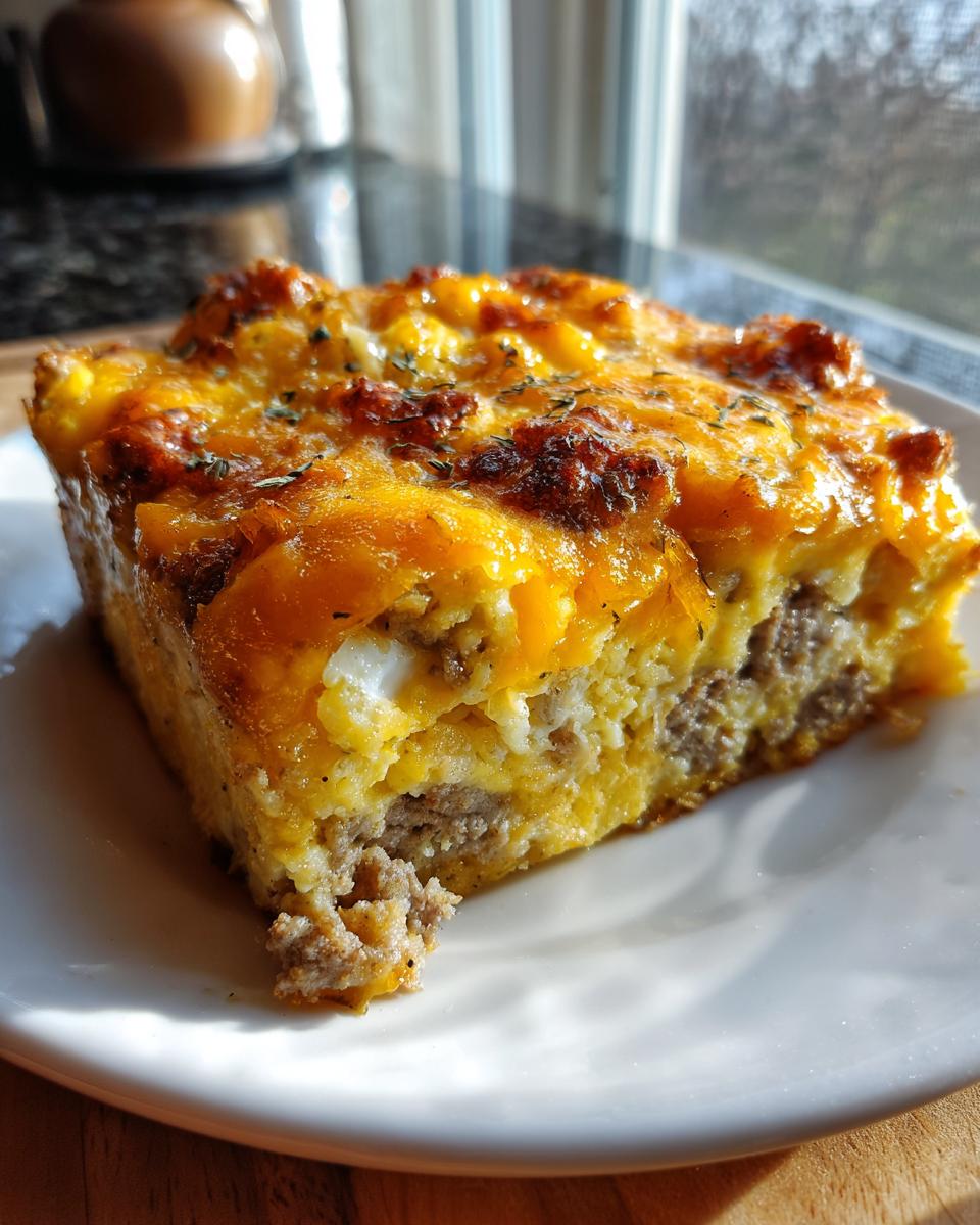 A square slice of Easy Breakfast Casserole featuring layers of sausage, eggs, and melted cheddar cheese topping.