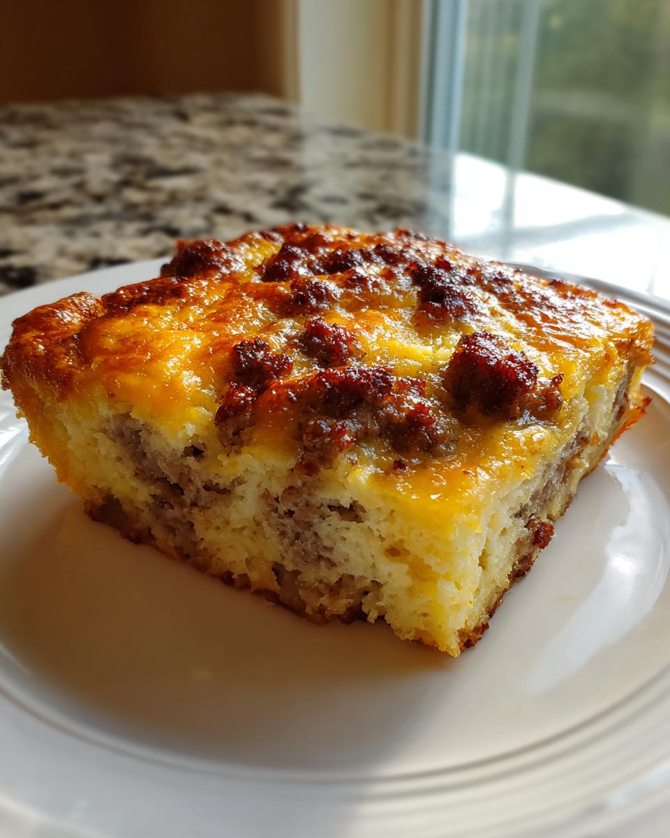 A close-up view of a square slice of Easy Breakfast Casserole topped with melted cheese and browned sausage.