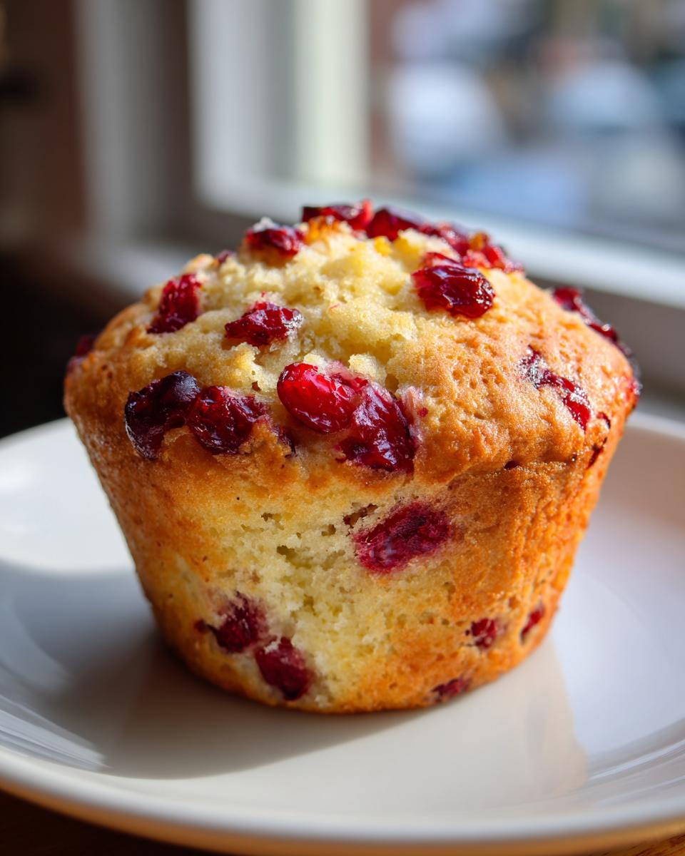 A single, golden-brown Easy Cranberry Orange Muffin topped with bright red cranberries, sitting on a white plate.