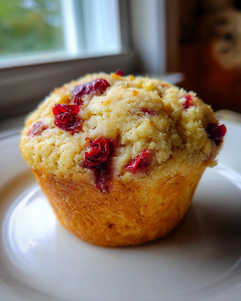 A single, golden-brown Easy Cranberry Orange Muffins topped with bright red dried cranberries, sitting on a white plate.