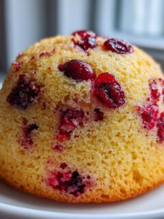 A close-up of a single, golden Easy Cranberry Orange Muffins studded with bright red cranberries, resting on a white plate.
