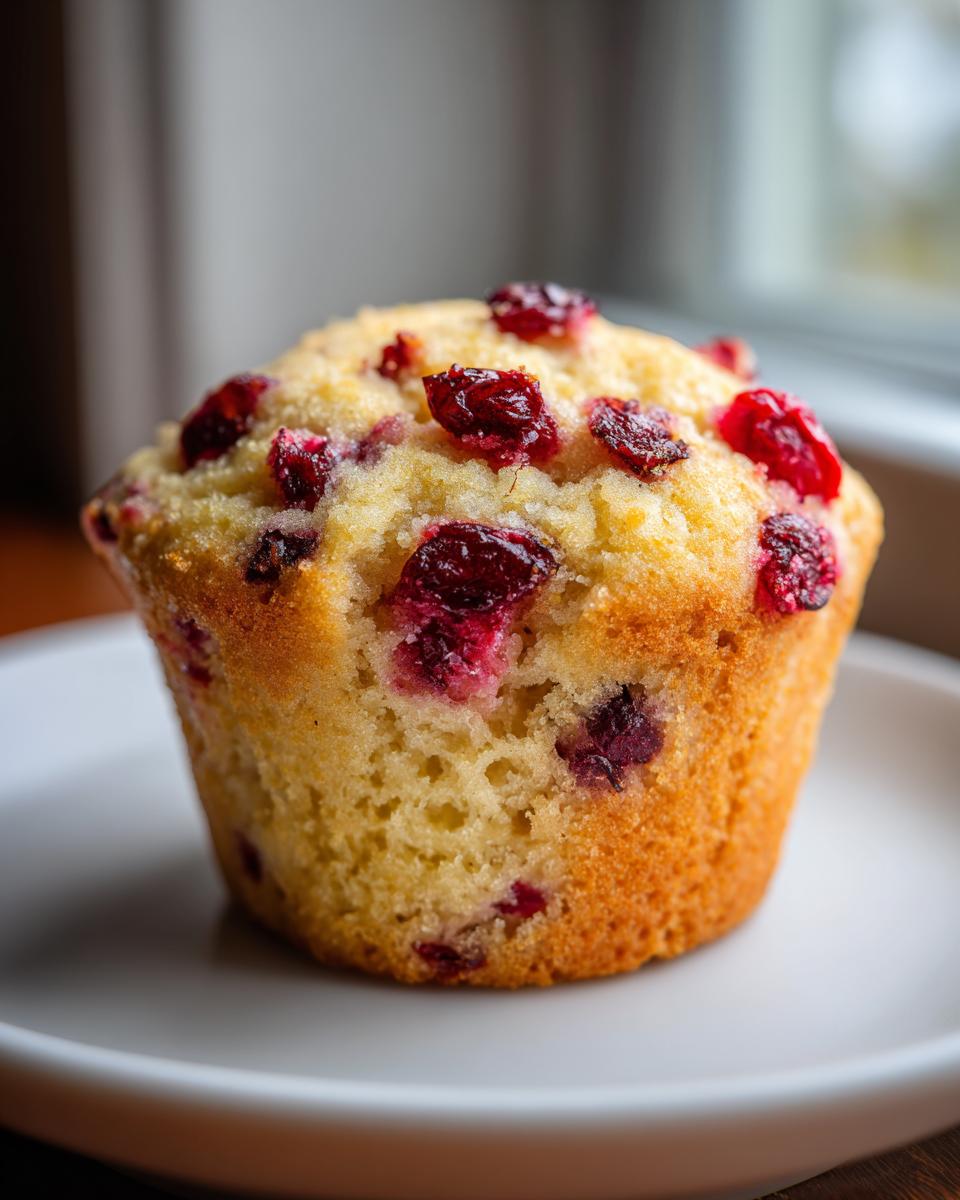 A close-up of a single, golden-brown Easy Cranberry Orange Muffins studded with bright red dried cranberries.
