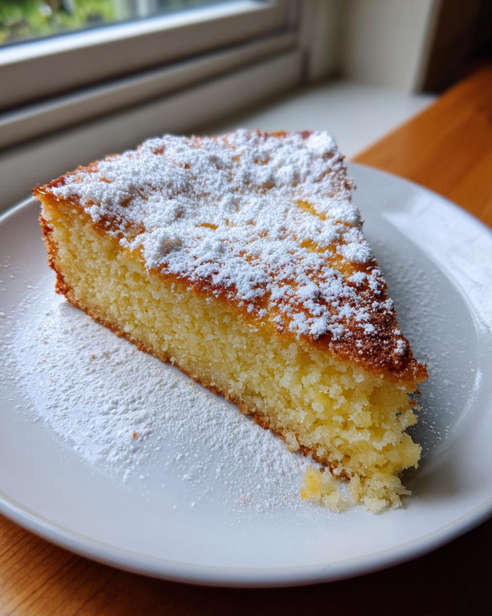 A close-up of a moist slice of Easy French Butter Cake dusted generously with powdered sugar on a white plate.