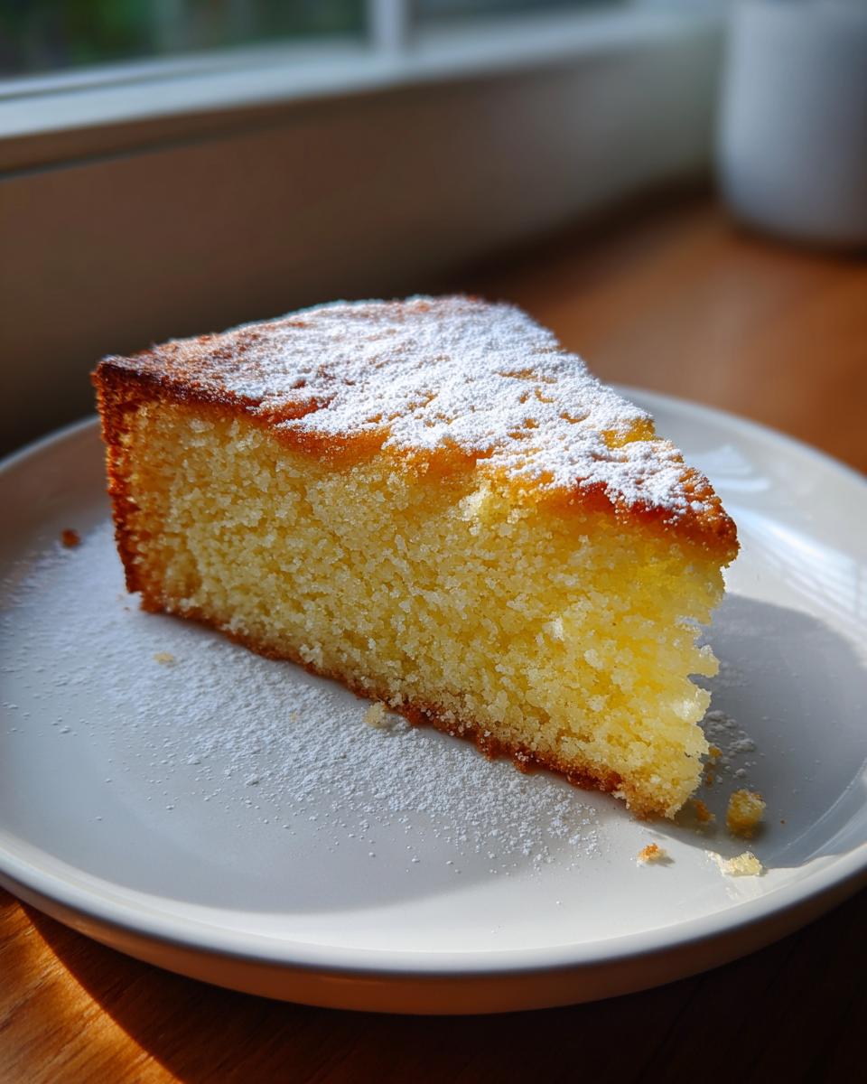 A golden slice of Easy French Butter Cake dusted with powdered sugar on a white plate.