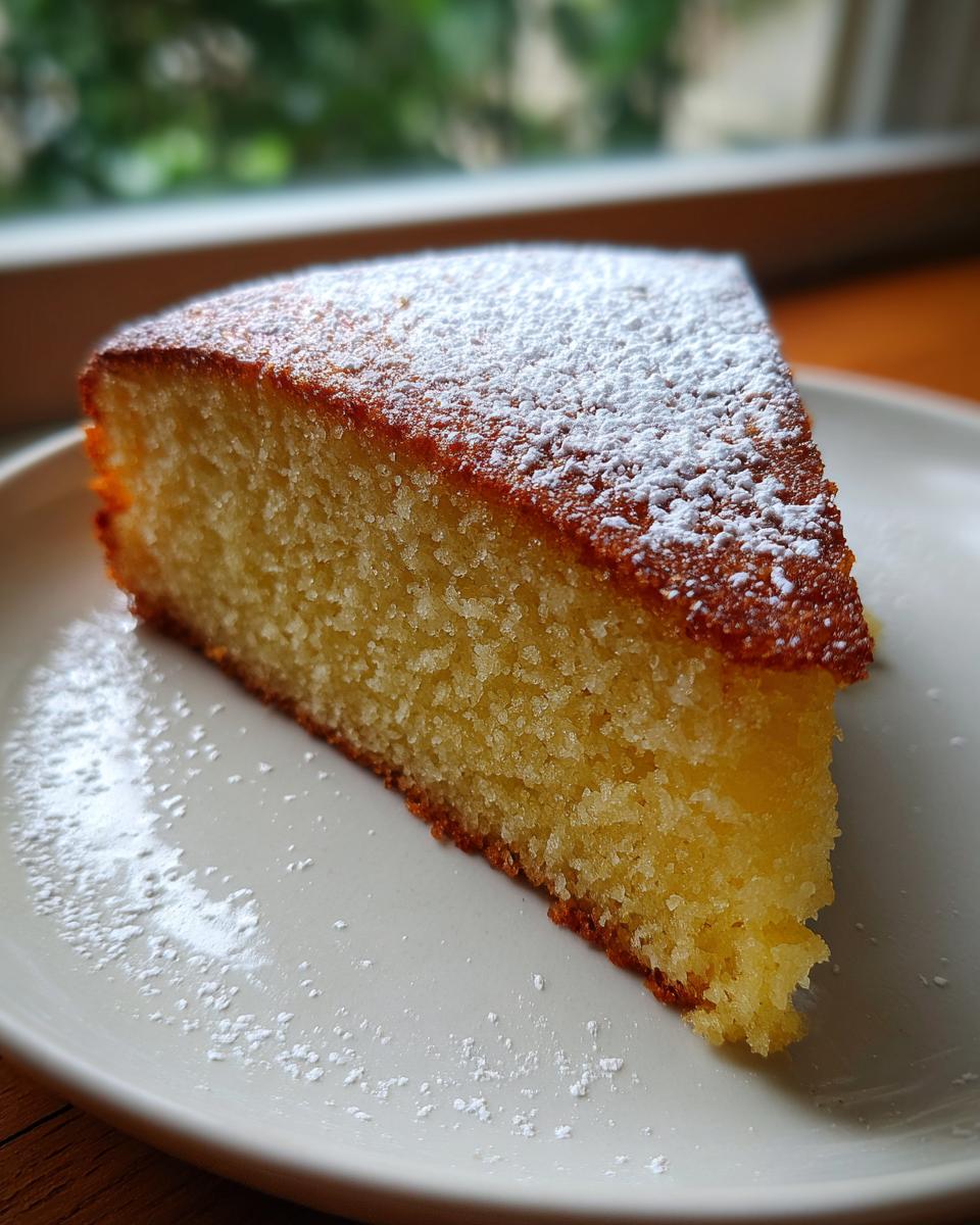A close-up of a moist slice of Easy French Butter Cake dusted with powdered sugar on a light plate.