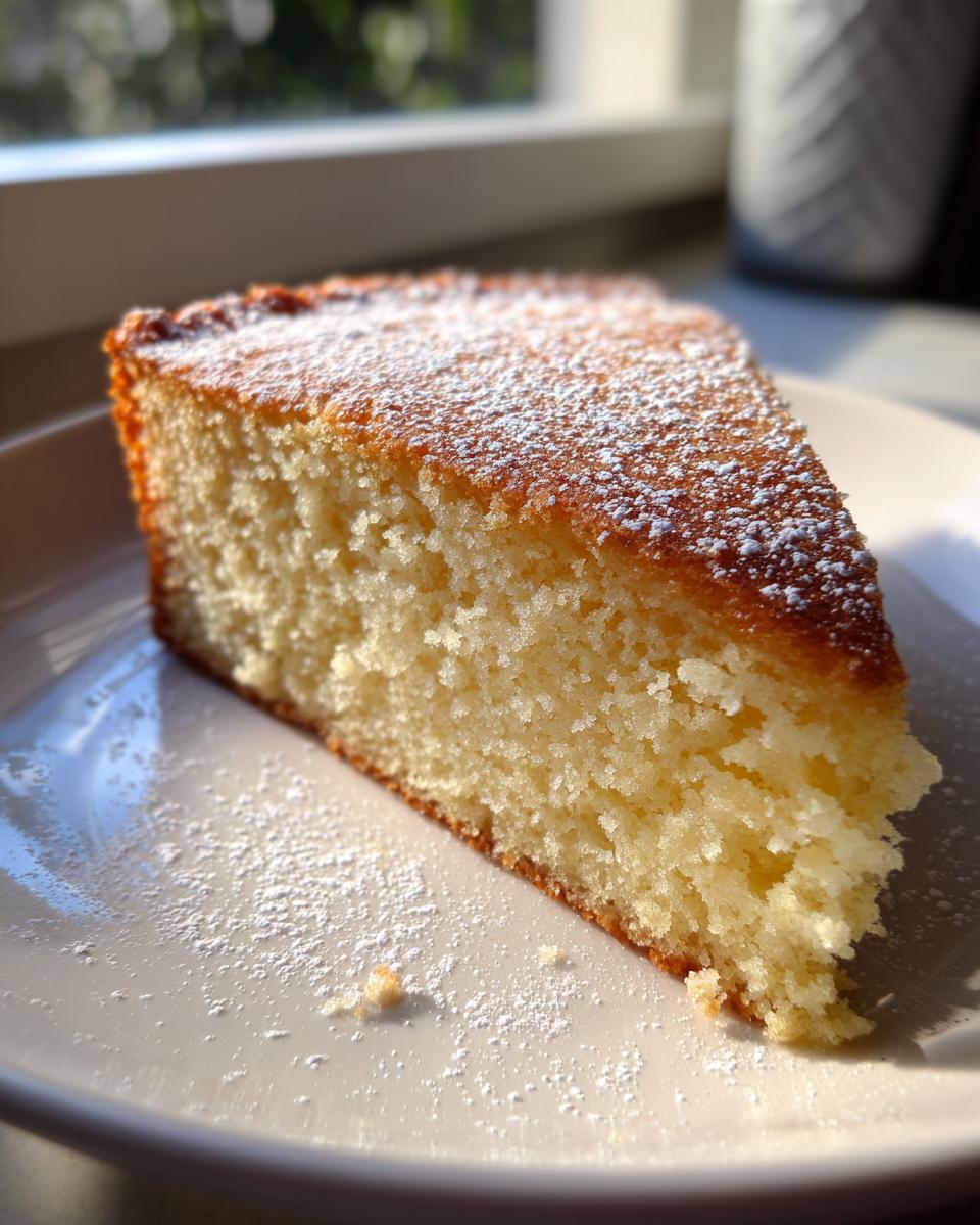 Close-up of a moist slice of Easy French Butter Cake dusted with powdered sugar on a white plate.