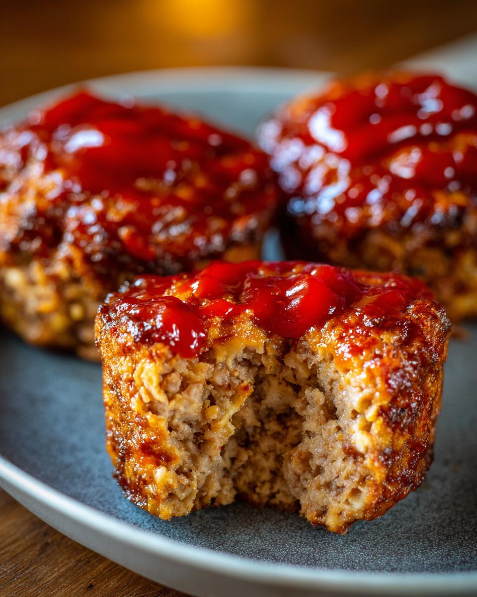 Close-up of an Easy Mini Meatloaf Muffin with a bite taken out, showing the texture and topped with red glaze.