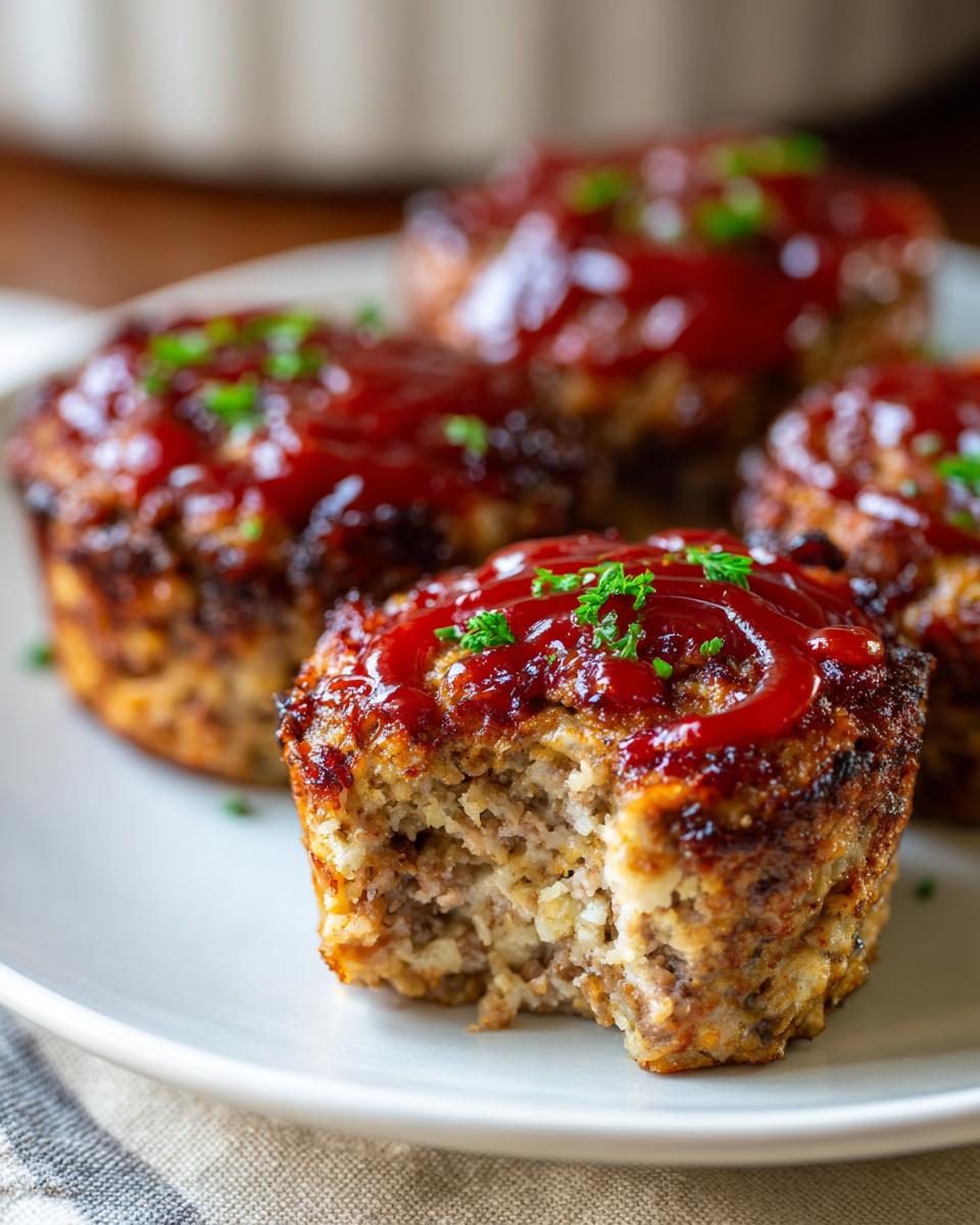 A close-up of Easy Mini Meatloaf Muffins on a white plate, one having a bite taken out, topped with ketchup and parsley.