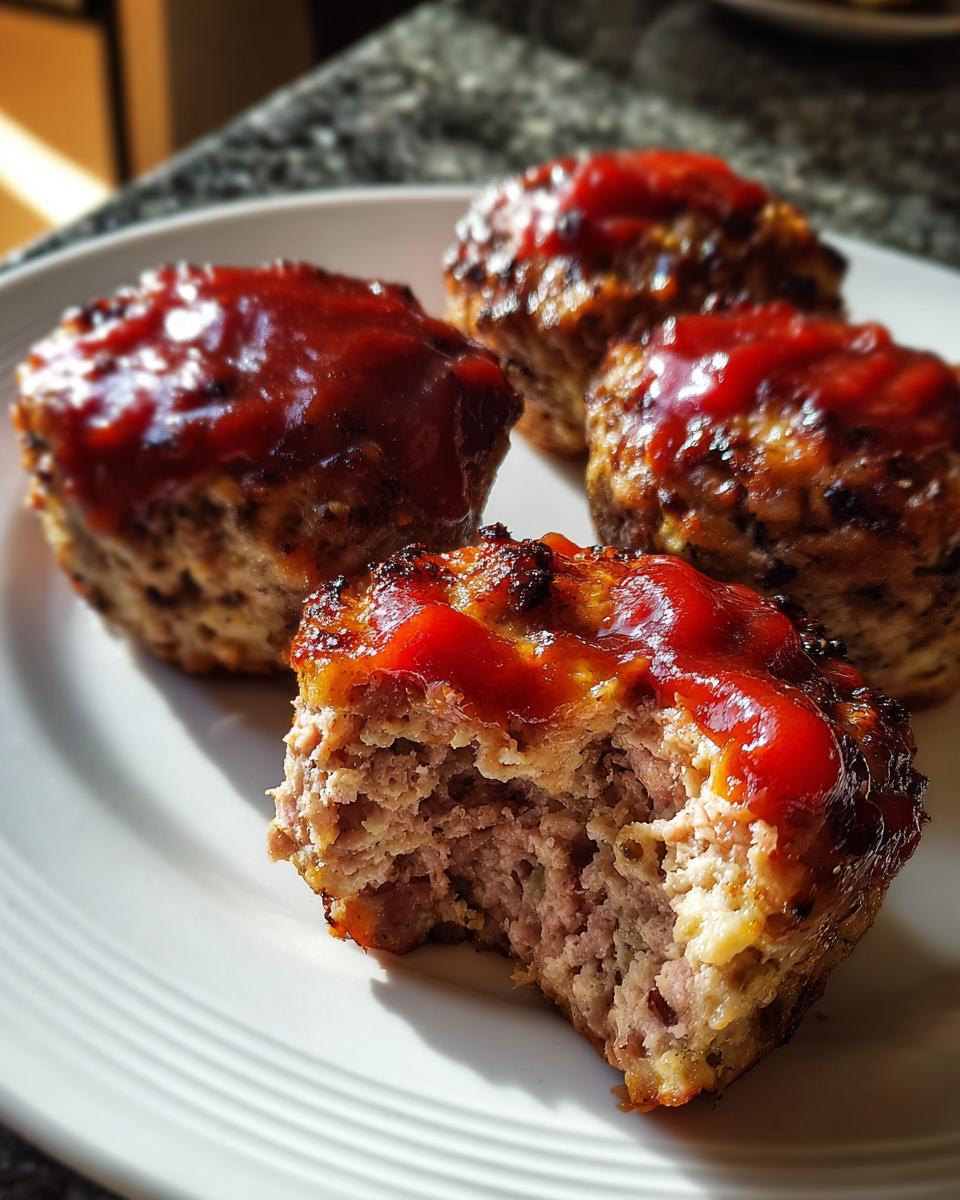 Four Easy Mini Meatloaf Muffins on a white plate, one having a bite taken out showing the moist interior and ketchup glaze.