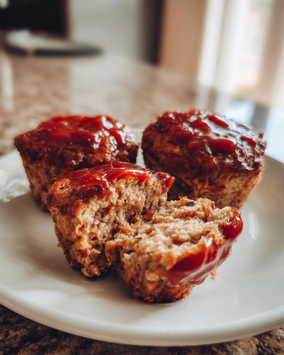 Three Easy Mini Meatloaf Muffins on a white plate, one broken open to show the texture, topped with a shiny red glaze.