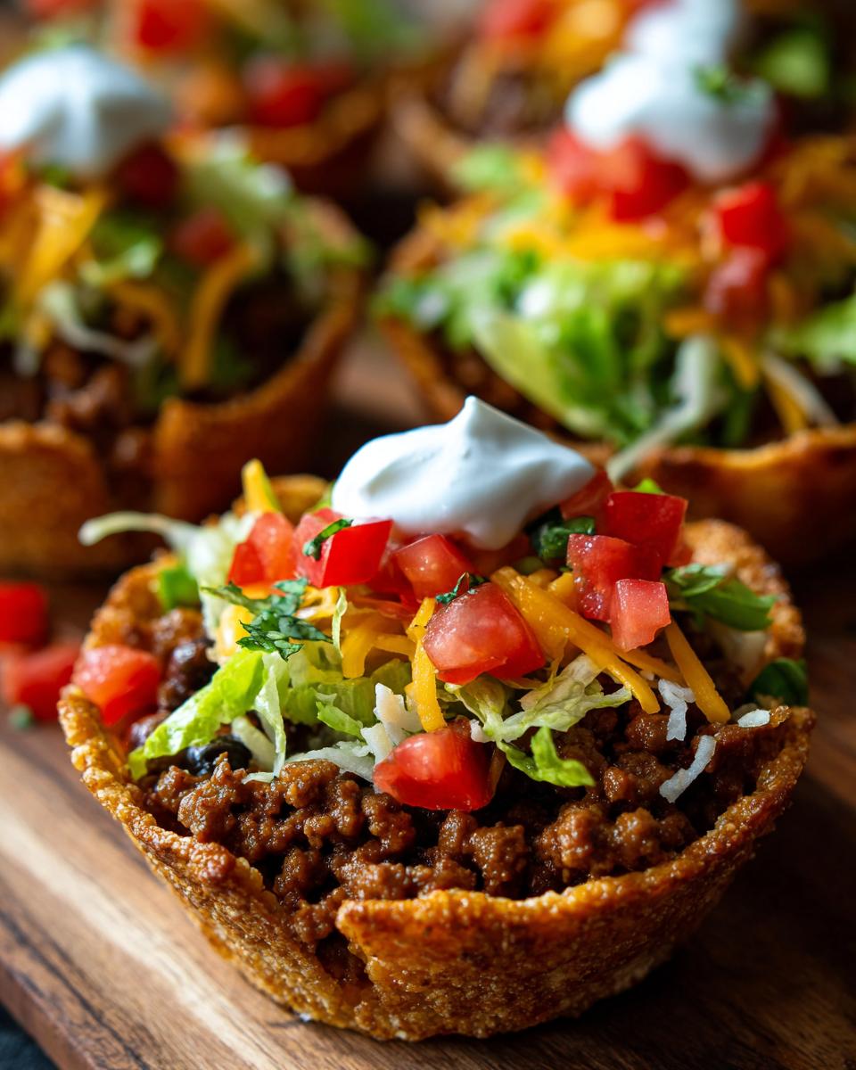 A close-up of one of the Easy Taco Salad Cups filled with seasoned ground beef, lettuce, cheese, tomatoes, and sour cream.