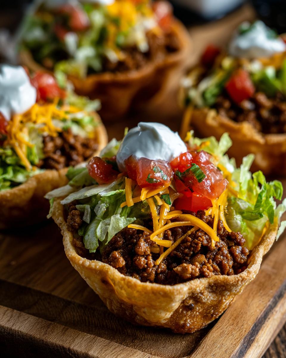 Close-up of one of the Easy Taco Salad Cups filled with seasoned ground beef, lettuce, cheese, tomatoes, and sour cream.