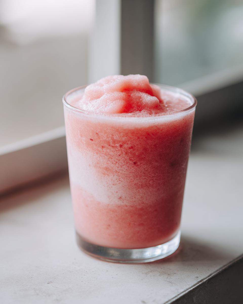 Close-up of a thick, icy Everyday Strawberry Coconut Smoothie served in a clear glass.