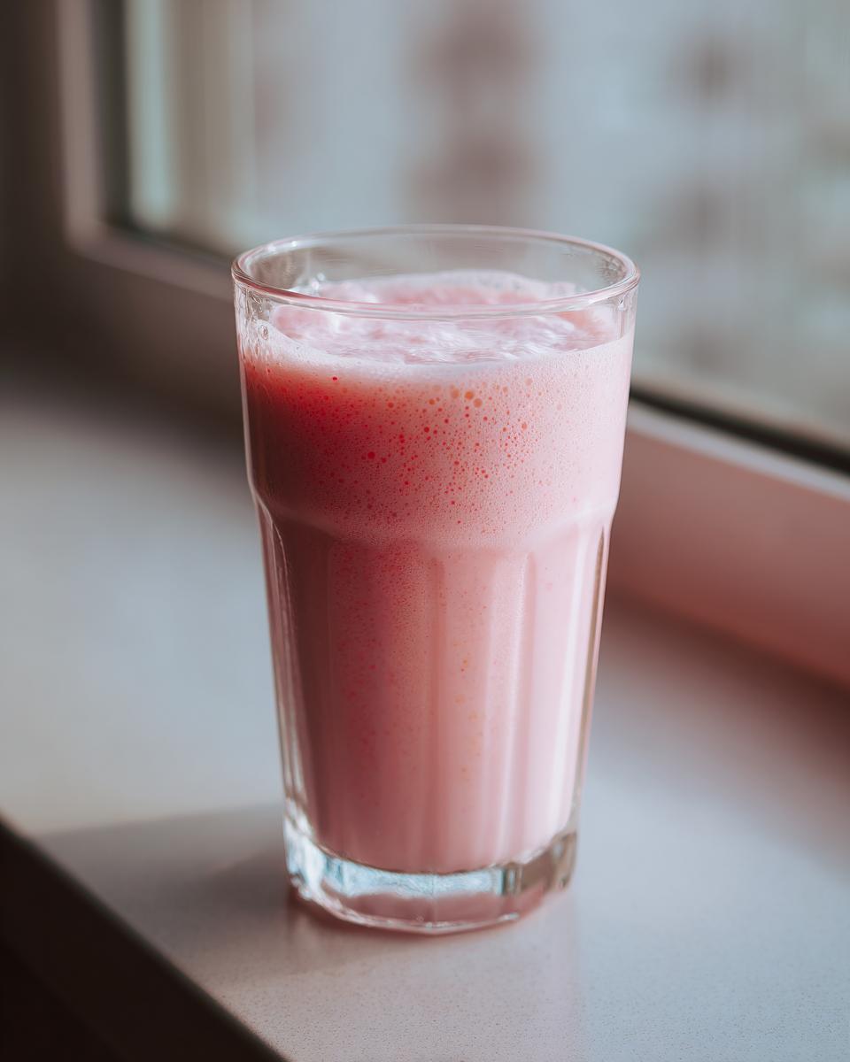 A tall glass filled with a frothy, pink Everyday Strawberry Coconut Smoothie sitting near a window.