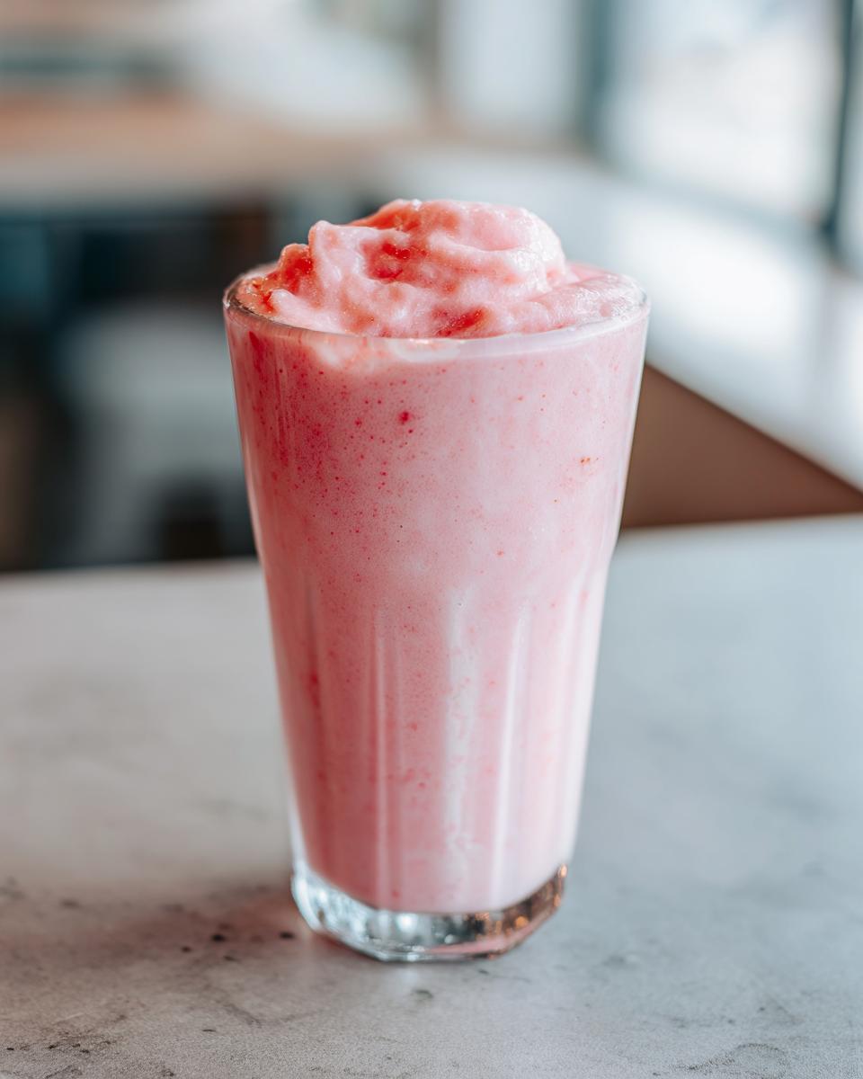 A tall glass filled with a thick, pink Everyday Strawberry Coconut Smoothie, topped with blended ice.