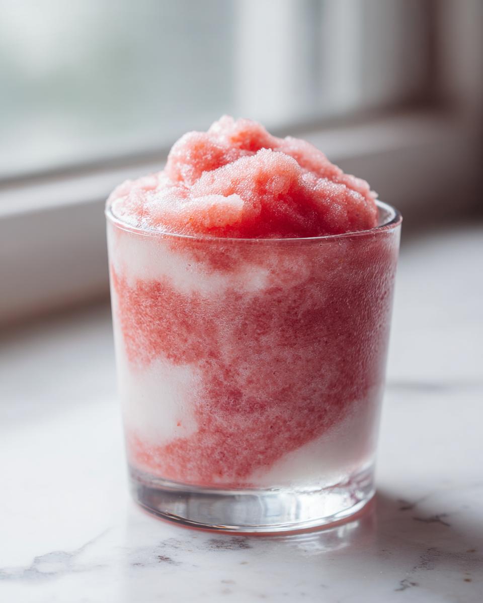 A close-up of a thick, icy Everyday Strawberry Coconut Smoothie served in a clear glass.
