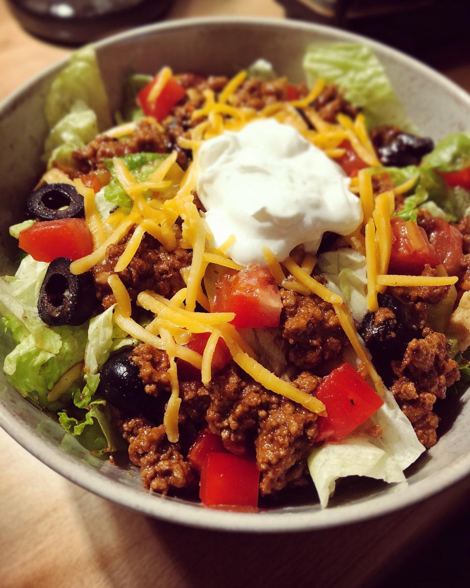 A close-up view of an Everyday Taco Salad Bowl topped with seasoned ground beef, shredded cheese, tomatoes, olives, and sour cream.