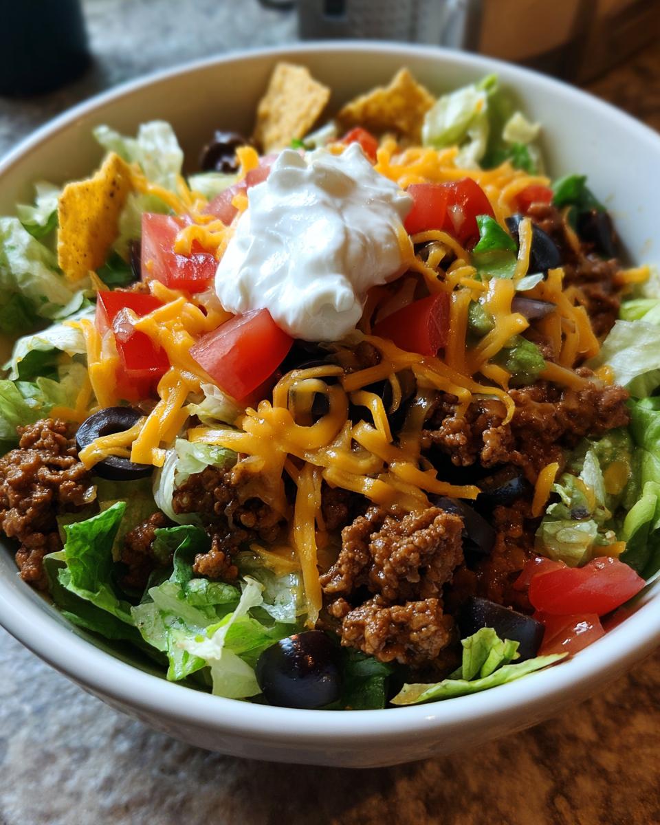 A close-up view of a hearty Everyday Taco Salad Bowl topped with seasoned ground beef, shredded cheese, tomatoes, olives, and sour cream.