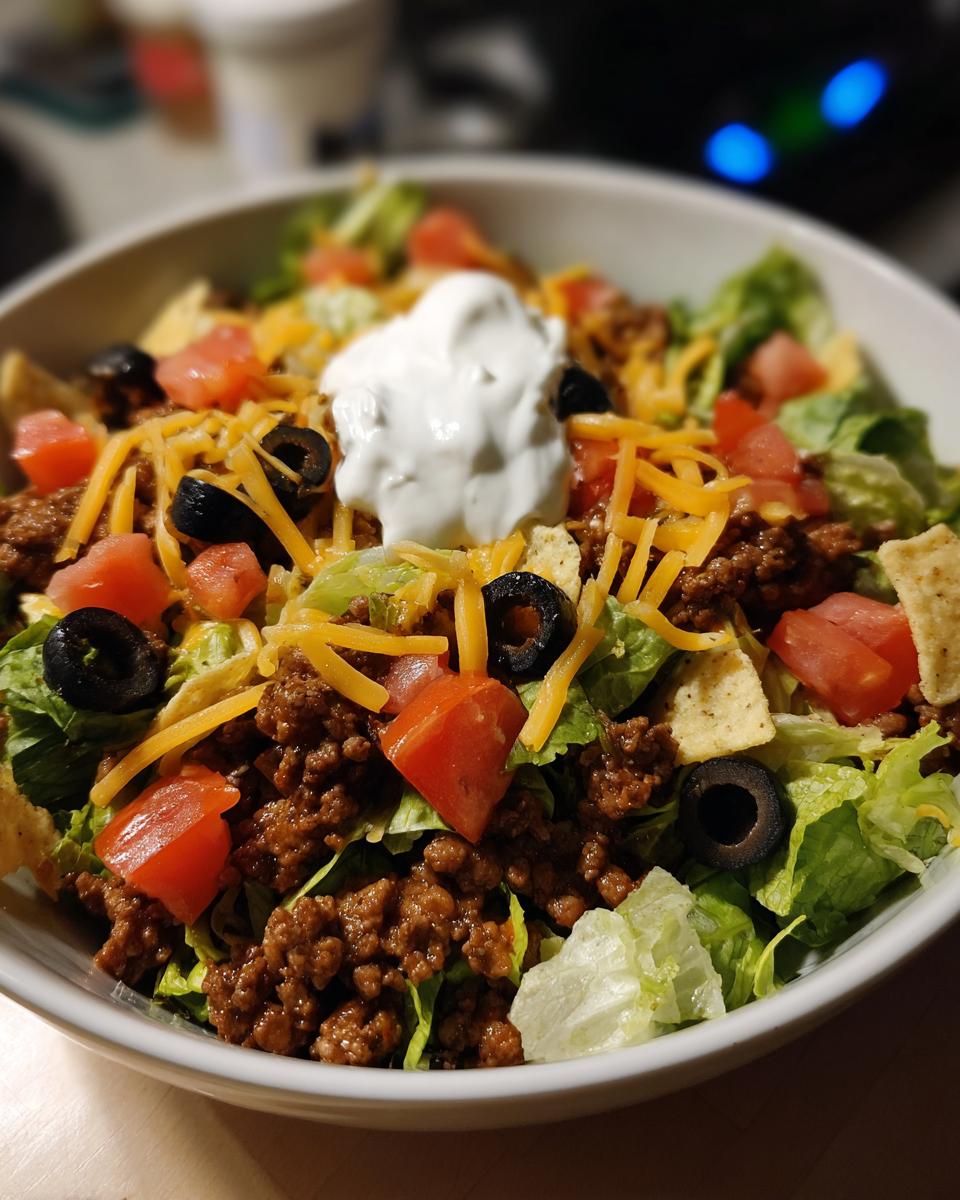 Close-up of a hearty Everyday Taco Salad Bowl topped with seasoned ground beef, lettuce, tomatoes, olives, cheese, and sour cream.