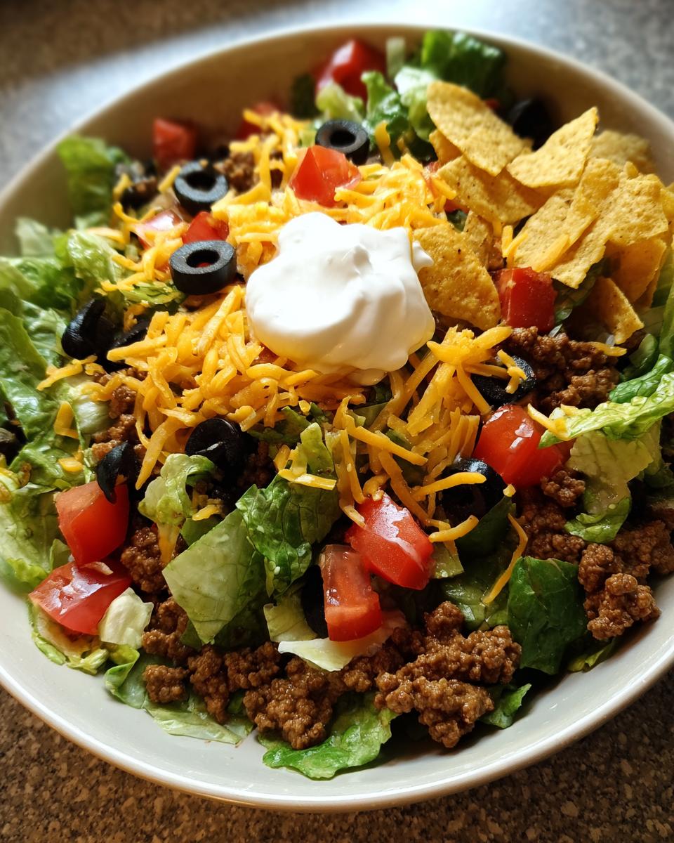 Close-up of a vibrant Everyday Taco Salad Bowl topped with seasoned beef, cheese, olives, tomatoes, and sour cream.