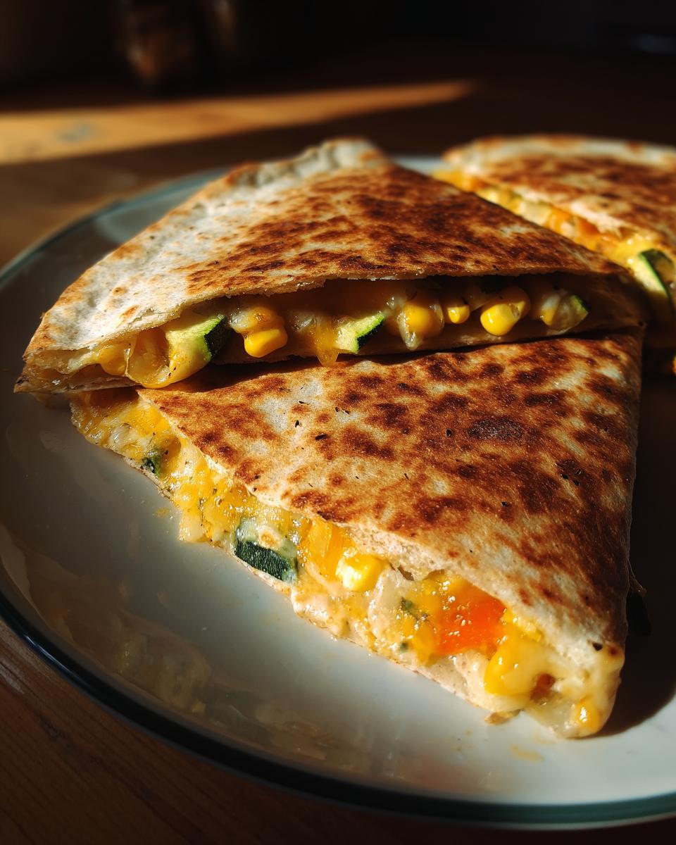 Close-up of golden-brown Farmers Market Vegetarian Quesadillas filled with melted cheese, corn, and zucchini.