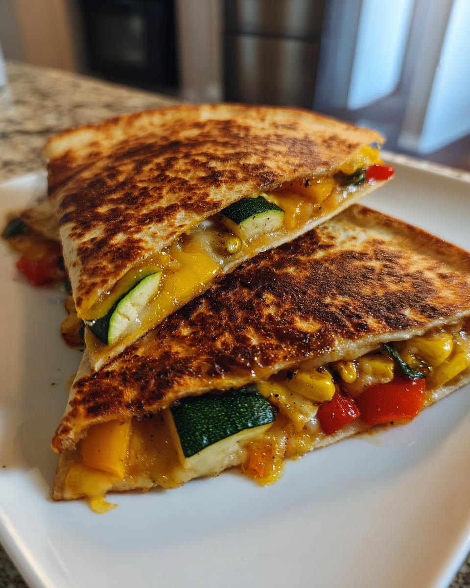 Two golden-brown slices of Farmers Market Vegetarian Quesadillas filled with melted cheese, zucchini, corn, and peppers.