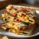 A stack of grilled Farmers Market Vegetarian Quesadillas filled with corn, zucchini, and melted cheese.