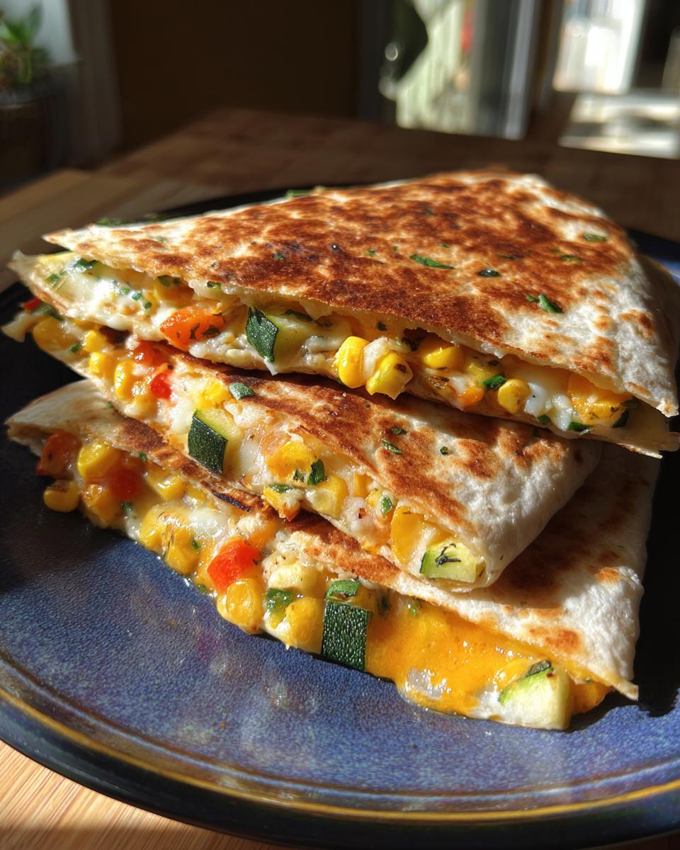 Three stacked wedges of golden-brown Farmers Market Vegetarian Quesadillas filled with melted cheese, corn, and zucchini.