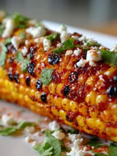 Close-up of a grilled ear of Firecracker Corn On The Cob coated in a spicy glaze, topped with crumbled white cheese and cilantro.