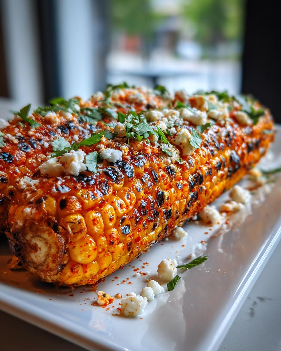 A close-up of grilled Firecracker Corn On The Cob, coated in a spicy red sauce, crumbled white cheese, and fresh cilantro.