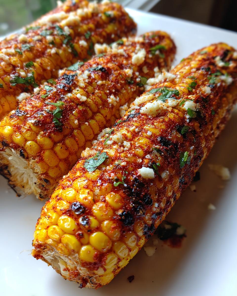 Three ears of grilled Firecracker Corn On The Cob generously coated in red spice, crumbled white cheese, and fresh cilantro.