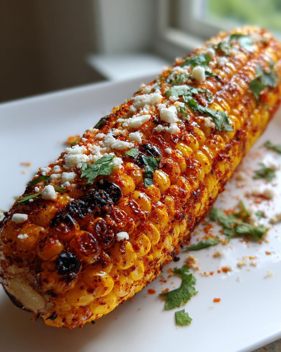 Close-up of a grilled Firecracker Corn On The Cob coated in red spice, topped with crumbled white cheese and cilantro.