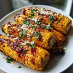Four ears of grilled Firecracker Corn On The Cob topped with cheese and cilantro on a white plate.