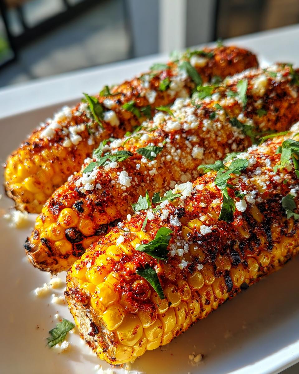 Three grilled ears of Firecracker Corn On The Cob topped generously with red spice, crumbled white cheese, and fresh cilantro.