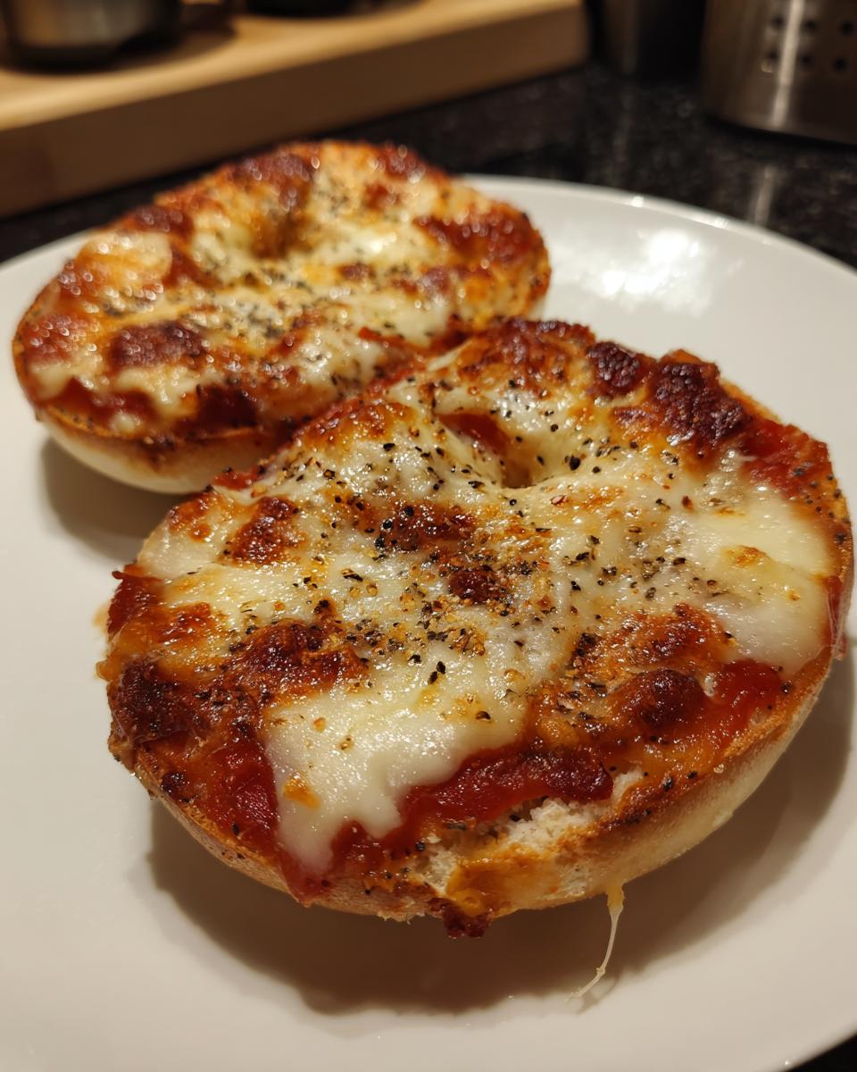 Two freshly baked Freezer Bagel Pizzas with melted cheese and herbs on a white plate.