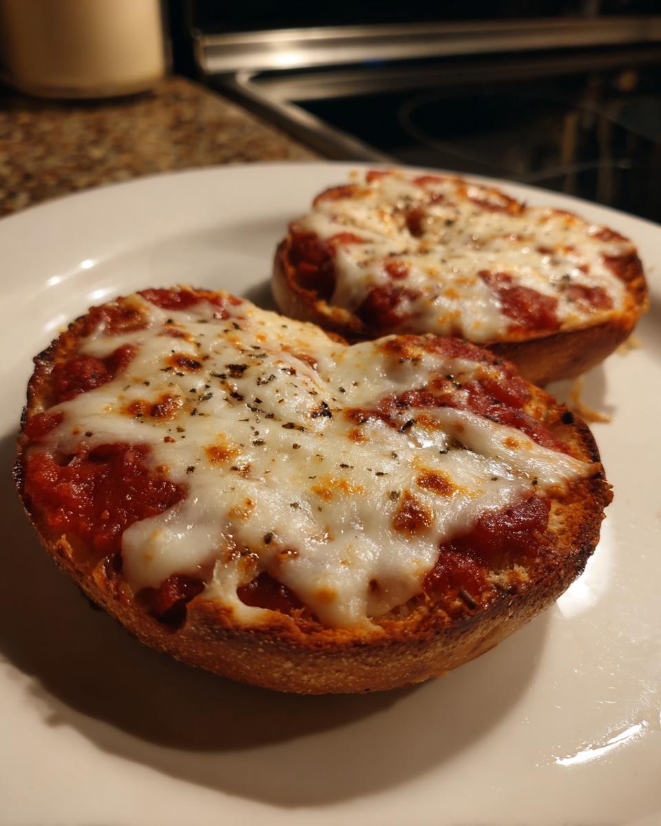 Two freshly baked Freezer Bagel Pizzas topped with melted cheese and herbs on a white plate.