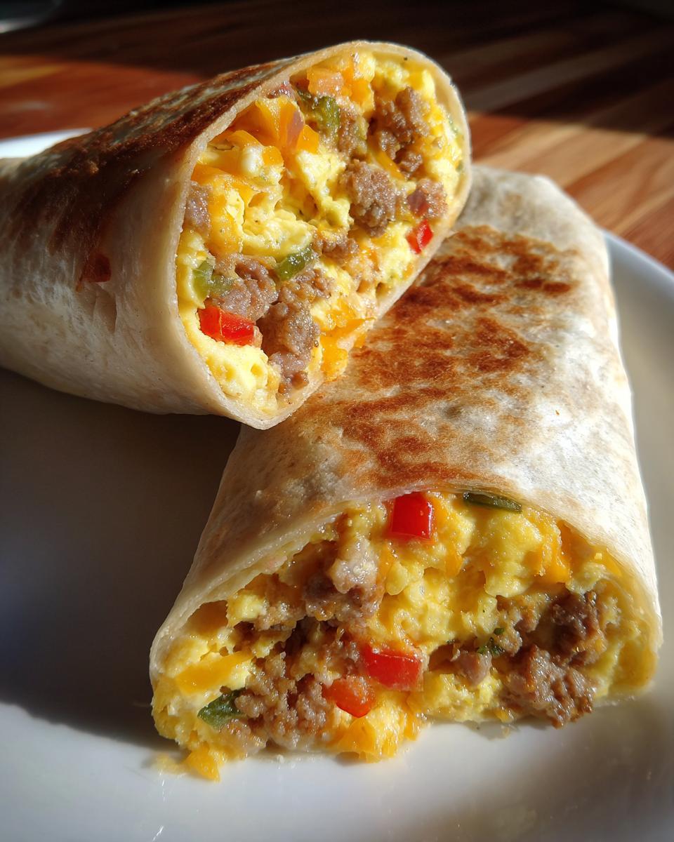 Cross-section of a Freezer Friendly Breakfast Burrito showing scrambled eggs, sausage, cheese, and peppers.