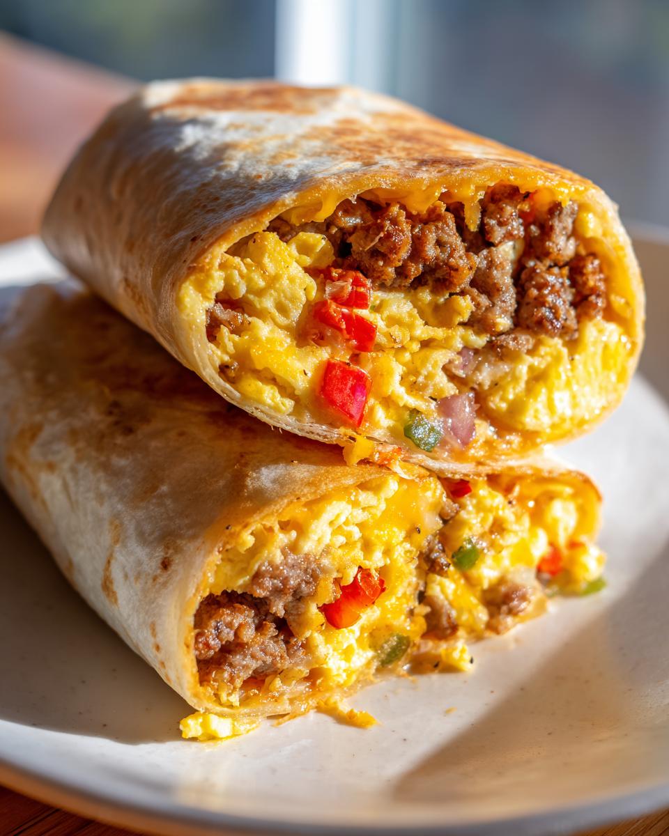 Close-up of two halves of a Freezer Friendly Breakfast Burritos stacked, showing scrambled eggs, sausage, and peppers.
