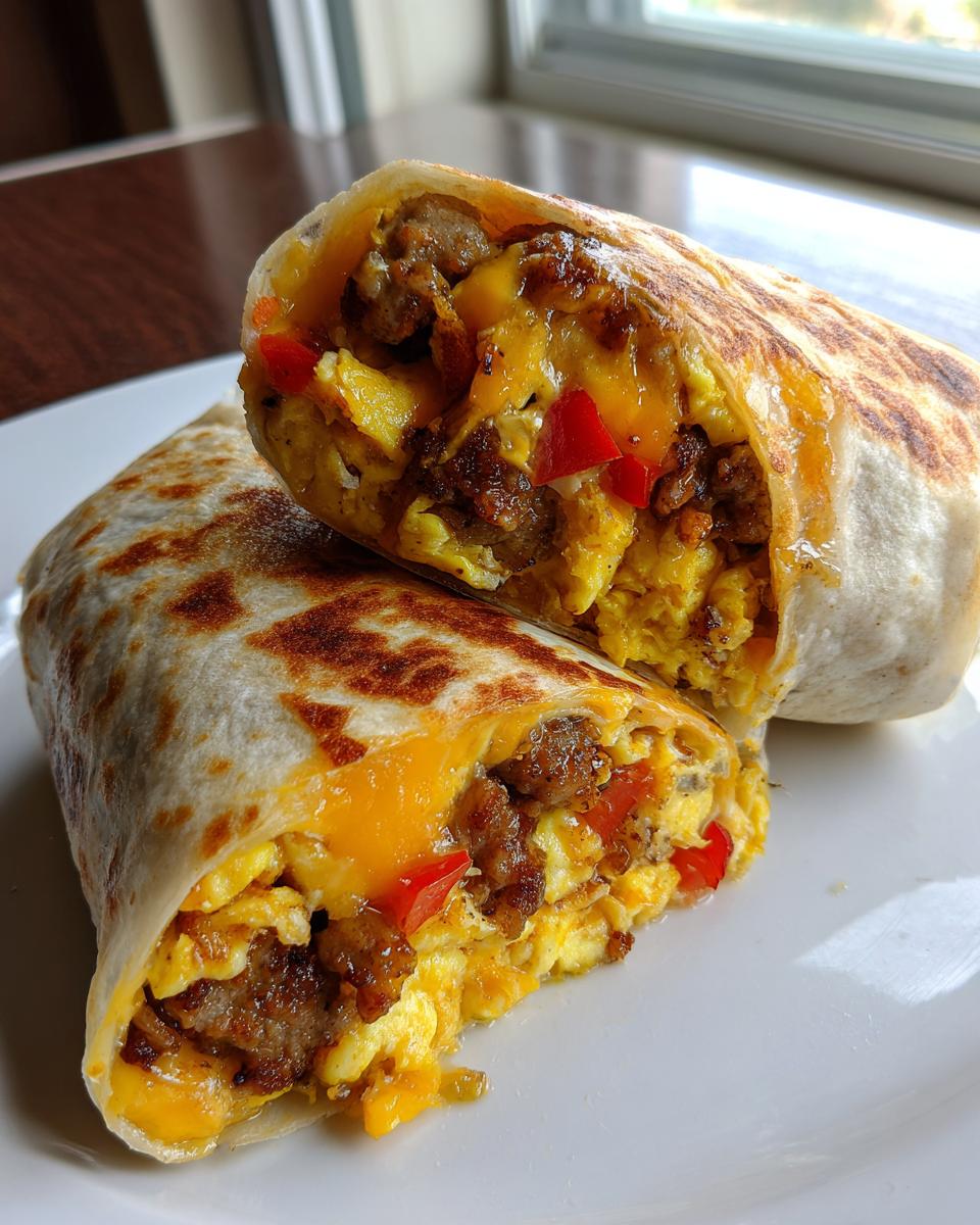A Freezer Friendly Breakfast Burrito cut in half showing scrambled eggs, sausage, melted cheese, and red peppers.