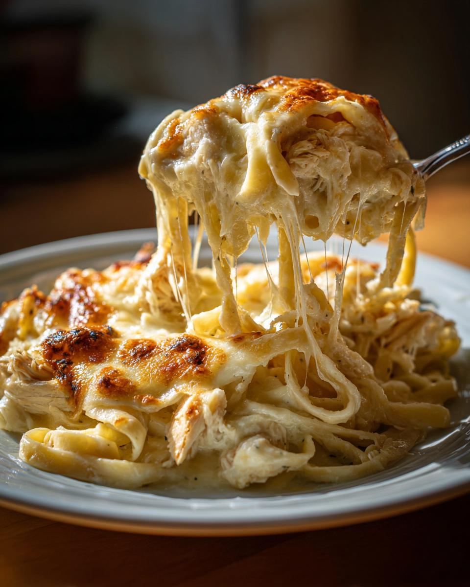 A fork lifts a cheesy, stringy portion of Freezer Friendly Chicken Alfredo Bake from a plate.